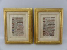 15th Century Pages from Psalmster mounted in Gold Frames. Raised with letter decoration