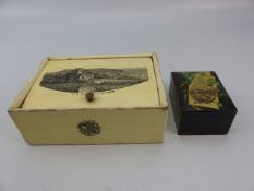 Mauchline Ware - unusually decorated box depicting 'The Old Church Clevedon' and one other smaller