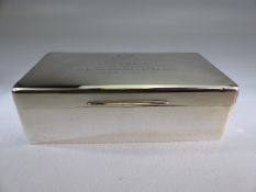 Silver Hallmarked Birmingham and dated 1914 cigarette box, wooden lined and engraved to top "