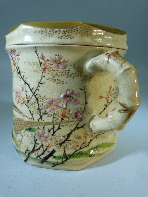 Unusual oriental lidded pot with bamboo moulded handles and handpainted with blossom and birds. - Image 2 of 7