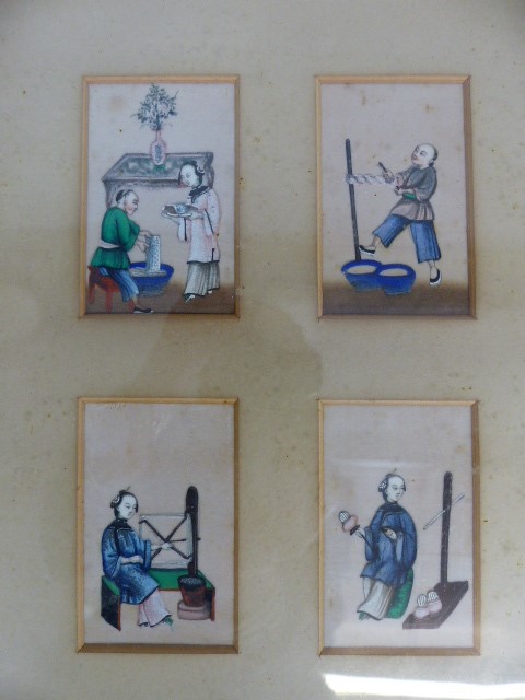 Oriental silk paintings. - Three framed sets of silk paintings depicting oriental people at work. - Image 2 of 6