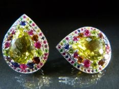 9ct White Gold Stud earrings - Tear drop shape and set with multi coloured Gem stones. Lemon stone