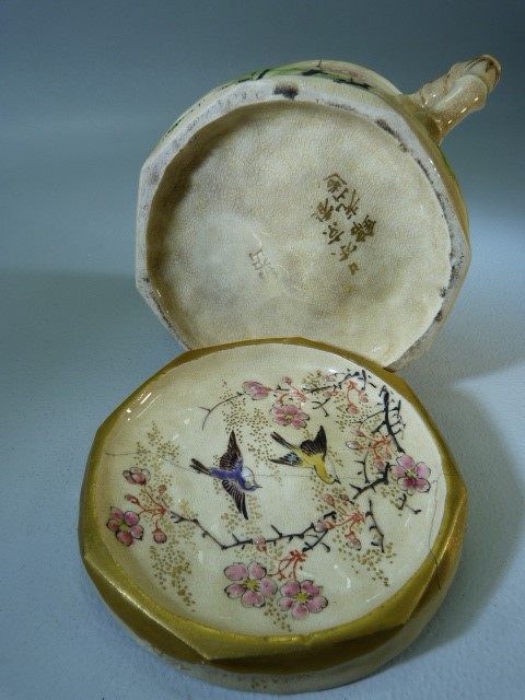 Unusual oriental lidded pot with bamboo moulded handles and handpainted with blossom and birds. - Image 6 of 7