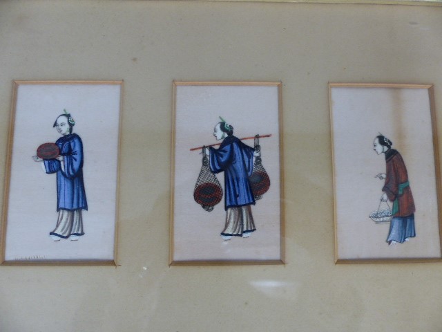 Oriental silk paintings. - Three framed sets of silk paintings depicting oriental people at work. - Image 3 of 6