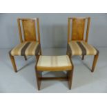 Two Art Deco dining chairs and a footstool