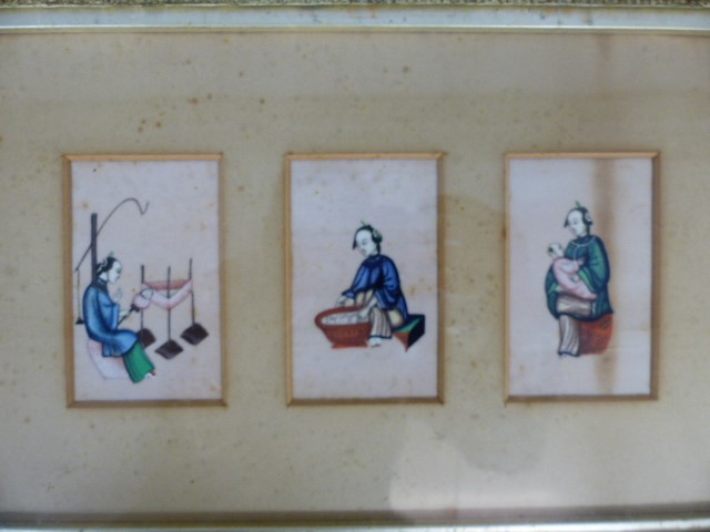 Oriental silk paintings. - Three framed sets of silk paintings depicting oriental people at work. - Image 4 of 6