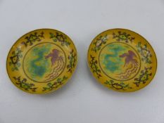 Two Chinese Teabowls on a yellow ground with character marks to base