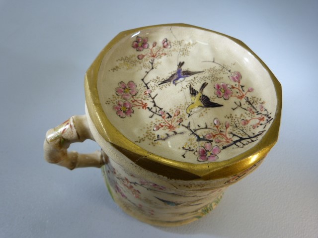 Unusual oriental lidded pot with bamboo moulded handles and handpainted with blossom and birds. - Image 4 of 7