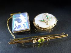 Three brooches to include a 9ct bar brooch and a sterling silver butterfly wing brooch.