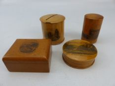 Mauchline Ware Trinket pieces - To include money box (Bristol Cathedral), Lidded Pot (the Beach