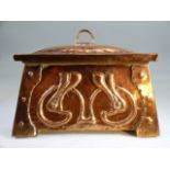 Arts & Crafts hammered copper box with original green velvet lining