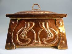 Arts & Crafts hammered copper box with original green velvet lining