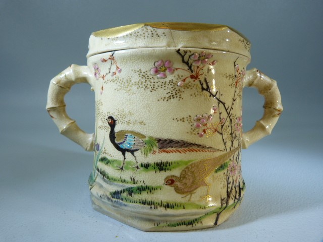 Unusual oriental lidded pot with bamboo moulded handles and handpainted with blossom and birds. - Image 3 of 7