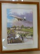 Concorde Framed Picture: Print by Alan Ward b. 1940 showing Concorde arriving at RAF Fairford