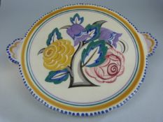1930's Poole Pottery Cake Stand decorated with flowers and leaves and two small handles