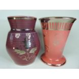 Wedgwood Veronese Ware Two vases. Fluted Pink vase (approx height - 18cm) and a purple ground ribbed
