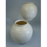 Spode's Velamour pair of globular pots decorated in relief with flowers in a cream glaze. Approx