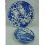 Two blue and white oriental plates with marks to bottom