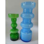 DANISH HOLMEGAARD Glass - Two Conical rounded vases in green and Blue.