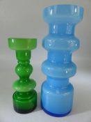 DANISH HOLMEGAARD Glass - Two Conical rounded vases in green and Blue.