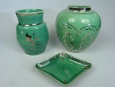 Wedgwood Lustre Veronese Ware - Three pieces with green background and silver lustre decoration