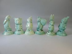 Spode's Royal Jade 6 small comical figures 20th Century. One Clown with chip to hat. All approx