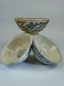 Vietnamese Burial ware bowl along with two Chinese blue and white bowls