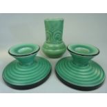 Spodes Royal Jade pair of squat candlesticks in a green Glaze with black banding. Along with a small