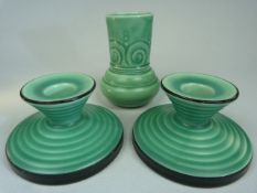 Spodes Royal Jade pair of squat candlesticks in a green Glaze with black banding. Along with a small