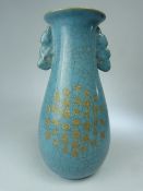 Chinese Ru Ware twin handled vase with gold character marks to front and gold phoenix to other side.