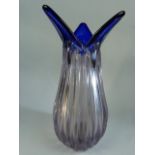 Hand blown ribbed vase approx c.1900's.. Smooth Pontil to base with a four flared blue top