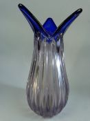Hand blown ribbed vase approx c.1900's.. Smooth Pontil to base with a four flared blue top