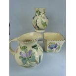 Honiton Pottery - Three Abstract Coloured pieces (Jug and two Vases)
