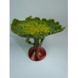 Bretby Tazza in Dark Reds and Greens in the Majolica style. approx height 26cm
