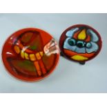 Poole Pottery shape 49 Delphis pin dish decorated with an abstract motif in tones of blue green, red