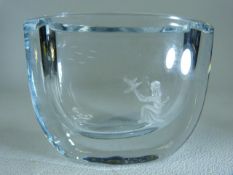 Swedish Glass Vase - probably Orrefors etched to front with a girl holding a bird. Etched marked