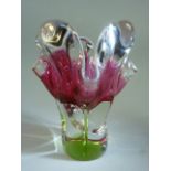 Art Glass vase pink and green encased in clear glass with white lined rim
