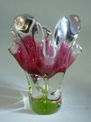 Art Glass vase pink and green encased in clear glass with white lined rim