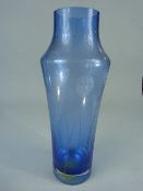E.W.R 1980's blue glass vase etched with Horizontal stems with added bulbs. Approx height - 25cm