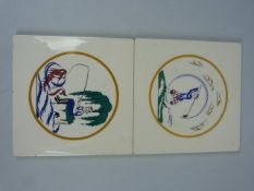 POOLE POTTERY TILES - Two Art Deco 1951 tiles depicting sporting scenes - Fishing and Golfing.