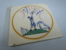 Poole Pottery Tile 'Farming Scene' Depicting a man Shooting pheasant with a dog at foot.