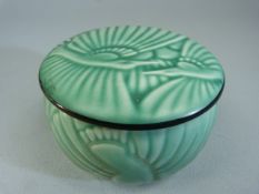 Spode's Royal Jade Lidded powder Pot decorated in relief with hummingbirds. Black banding to