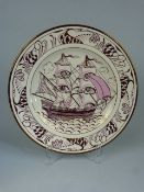 Gray's Pottery Silver and Pink Lustre plate depicting a clipper Ship out to sea.