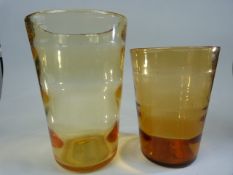 Amber Glass - pair of Ribbed Glass Vases - Both unmarked and approx heights - 20cm and 17cm.