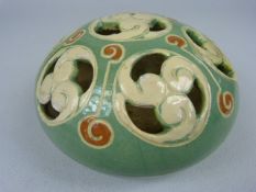 William Baron, Barstaple Pot-Pourri pot in a cream and green pierced glaze. approx 8cm high.