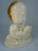 Art Deco White potter figure of Madonna and Child with Gold Halo. Approx height. 21cm