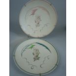 Pair of Poole Pottery plates decorated in the HJ pattern of seahorses.c.1950's One in blues and