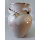 Brannam Barnstaple vase approx 19cm tall Monochrome Grey decoration with three handle round the rim.