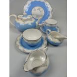 Spode Copeland's Bachelor set on sky blue ground with Gull Design. Comprising of Teapot, Two milk