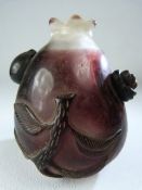 Chinese Peking Glass Scent bottle with clear glass floral rim leading to purple coloured glass